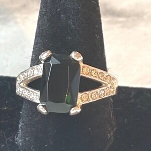 Emerald Green Cocktail Rectangular Stone Ring Silver Pavé Accents Size 8.25